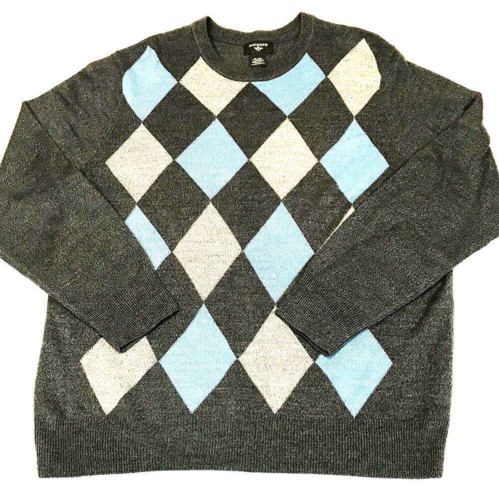 Dockers Mens Argyle 100% Acrylic Gray and Blue Sweater Size XL Very Soft